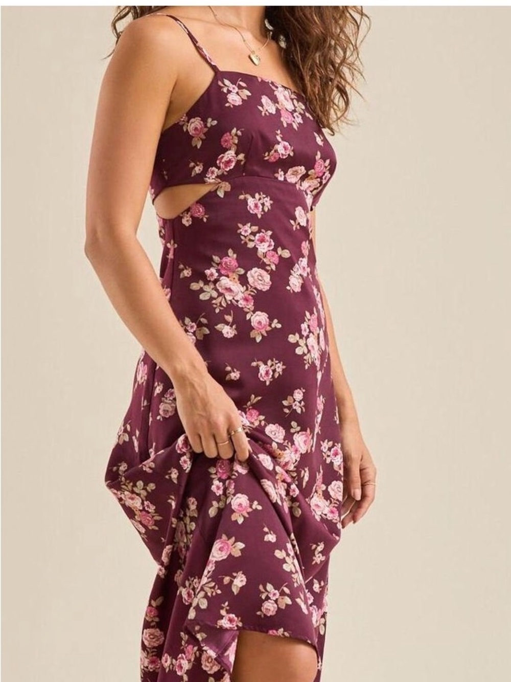 Altar'd State Plum Floral Midi Dress with Pink Blooms
